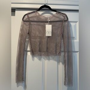 Zara Mesh Rhinestone Long Sleeve Crop Top
